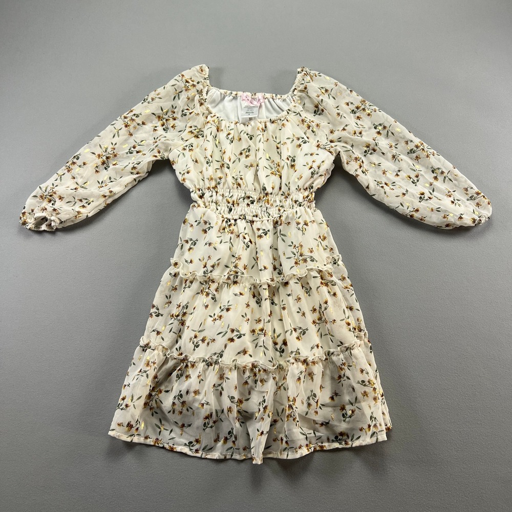 Love Squared A Line Dress Girls 6 Beige Floral Smocked Tiered Ruffle Vacation